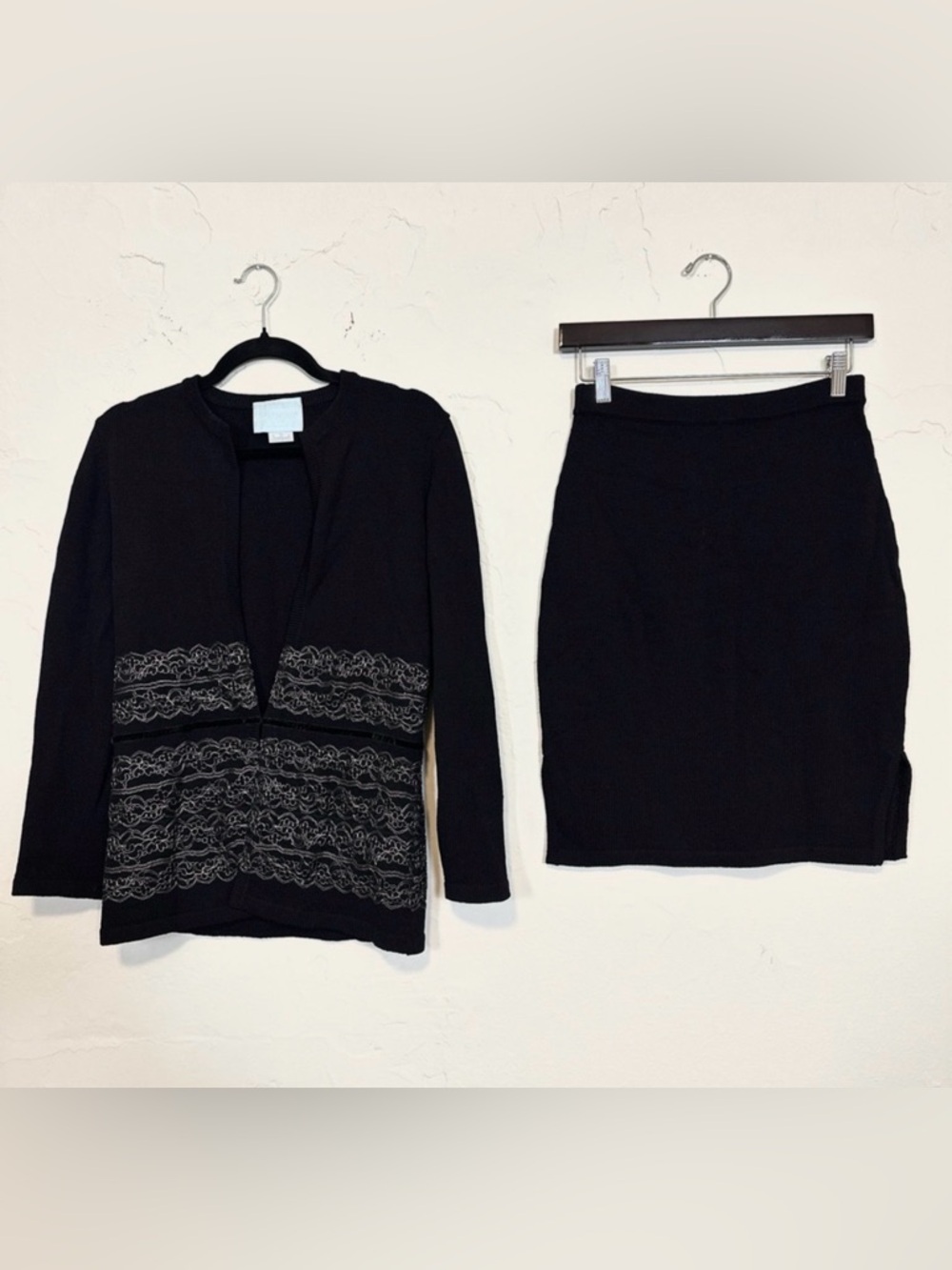 Zang Toi Couture Knit Skirt Suit with Silk Lace Overlay